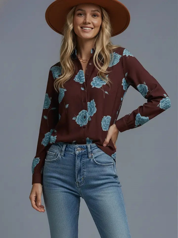 Brown Button-Up Shirt with Light Blue Floral Print in Satin