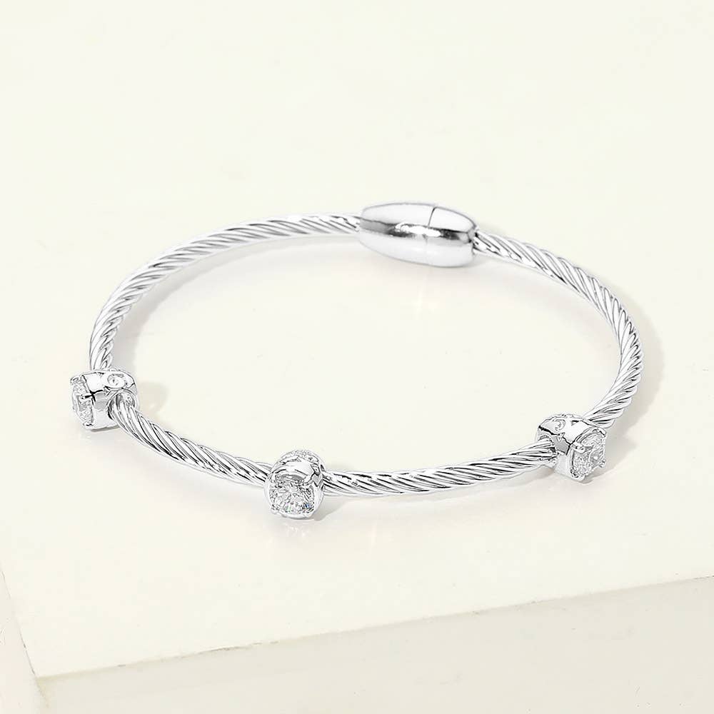 14K Gold Plated Triple CZ Bezel Accent Twisted Cable Magnetic Bangle Bracelet