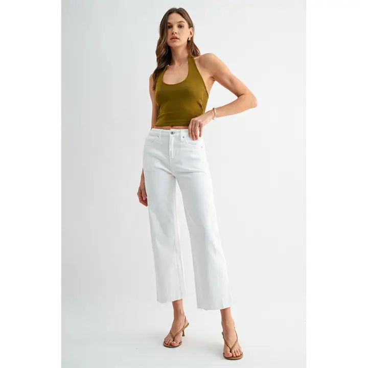 White High-Rise Straight Tummy Tuck Ankle Loose Fit