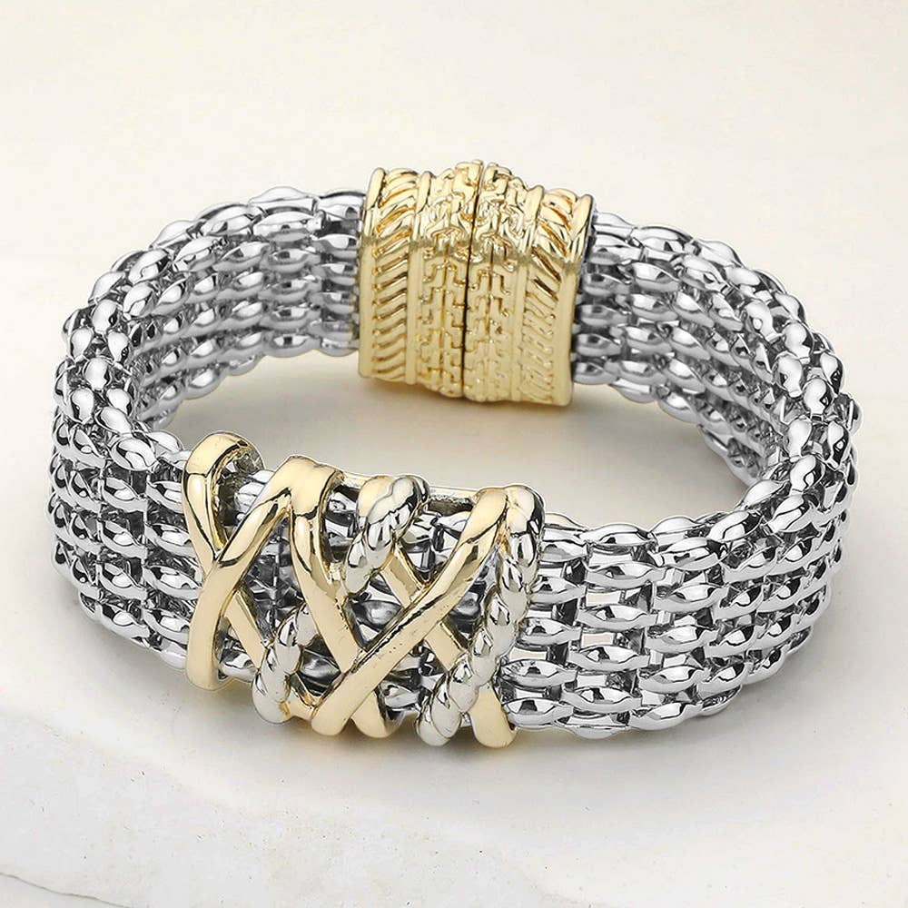 14K Gold Plated Two Tone Crisscross Mesh Magnetic Bracelet