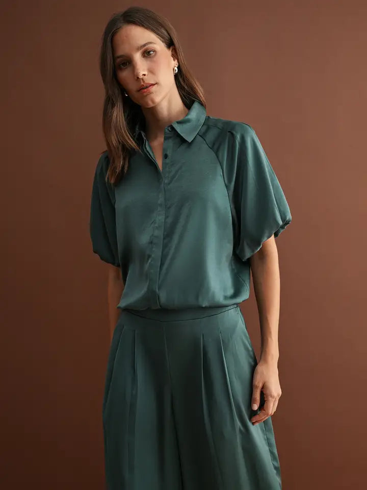 Hunter Green Satin Button Front Top Pleated Pants Set