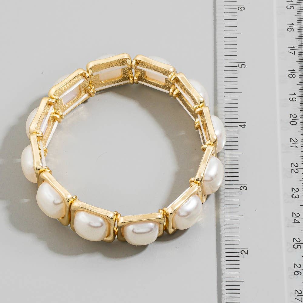 Gold Square Link Pearl Stretch Bracelet