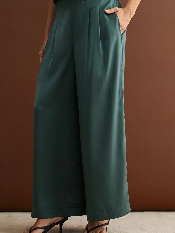 Hunter Green Satin Button Front Top Pleated Pants Set