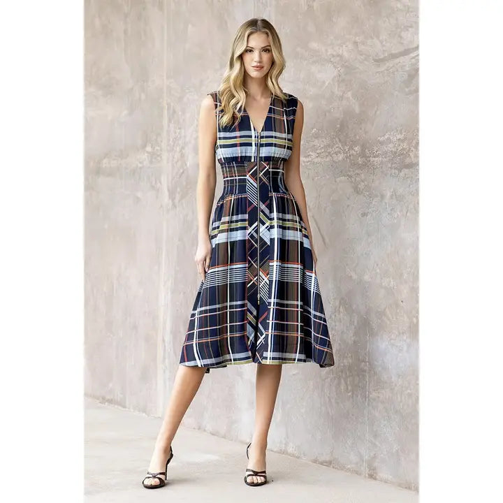 Navy Plaid Zipper Front Midi Dress