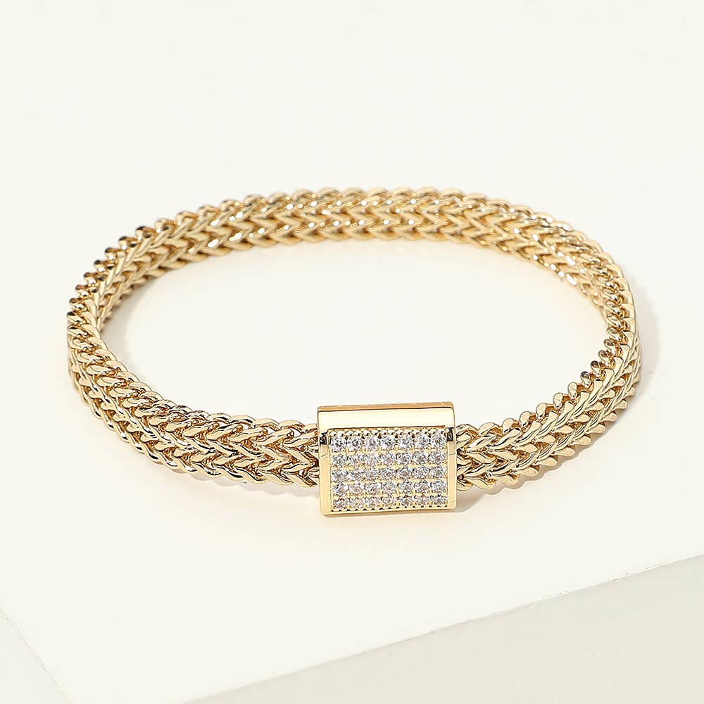 14K Gold Plated CZ Pave Clasp Accent Braided Mesh Magnetic Bracelet