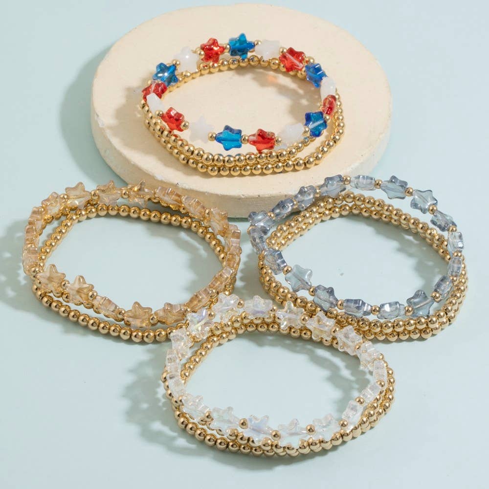 Patriotic Star Bead & Gold Ball Stretch Bracelet Set