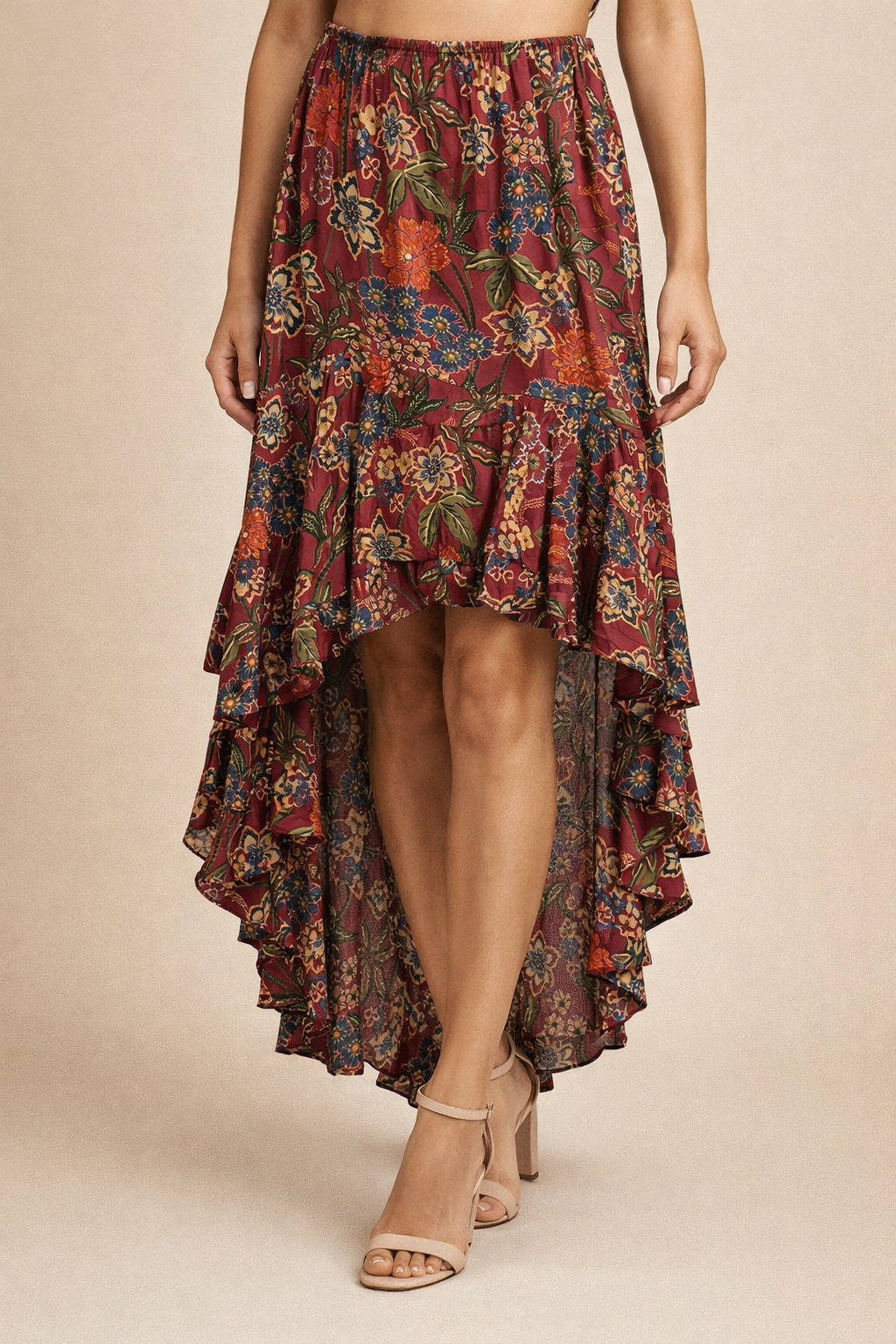 Wine Hight Low Floral Skirt
