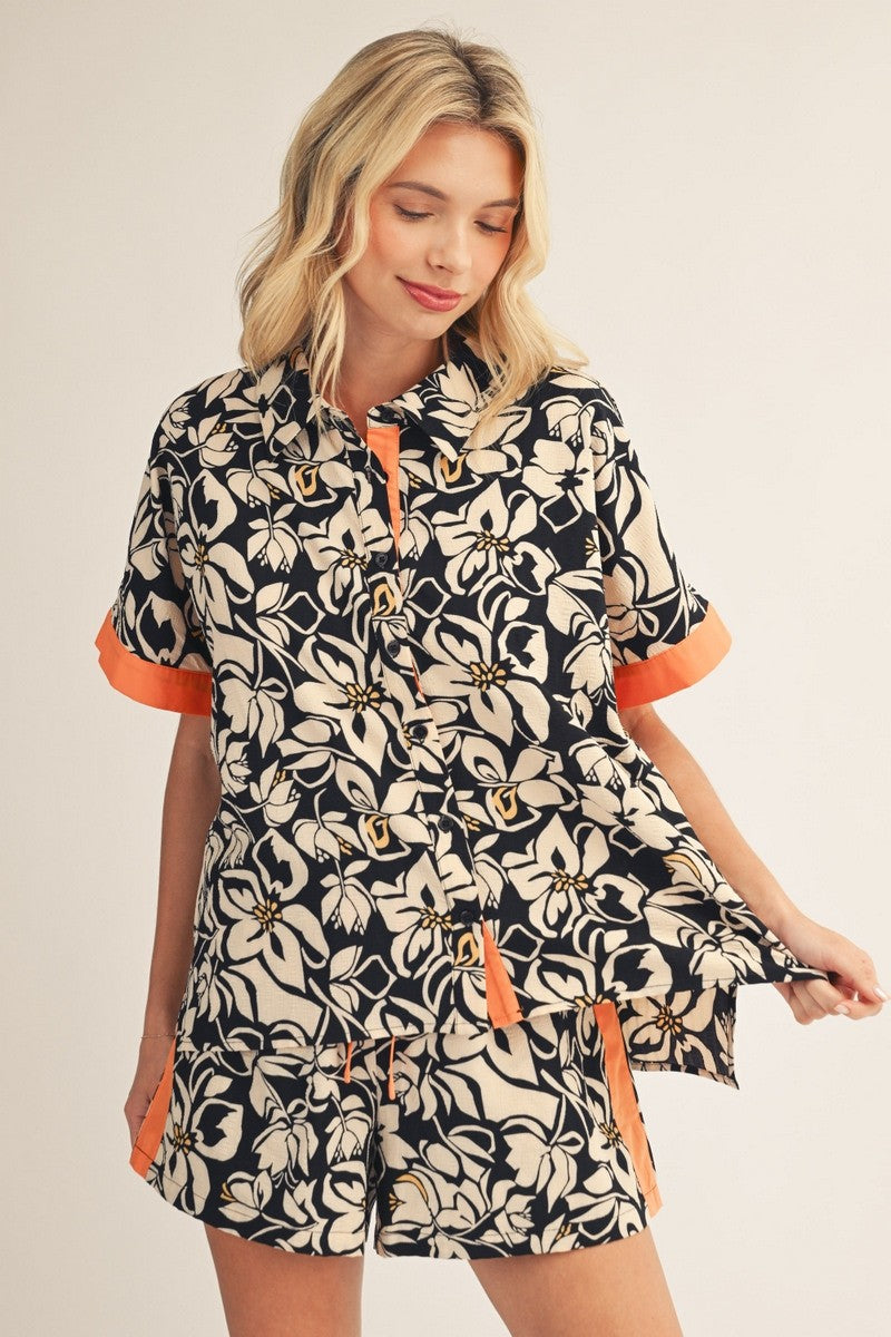 Black Tropical Floral Top & Shorts Sets