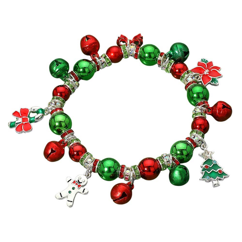 Christmas Poinsettia Bow Tree Snowman Candy Cane Charm Bell Beaded Stretch Bracelet