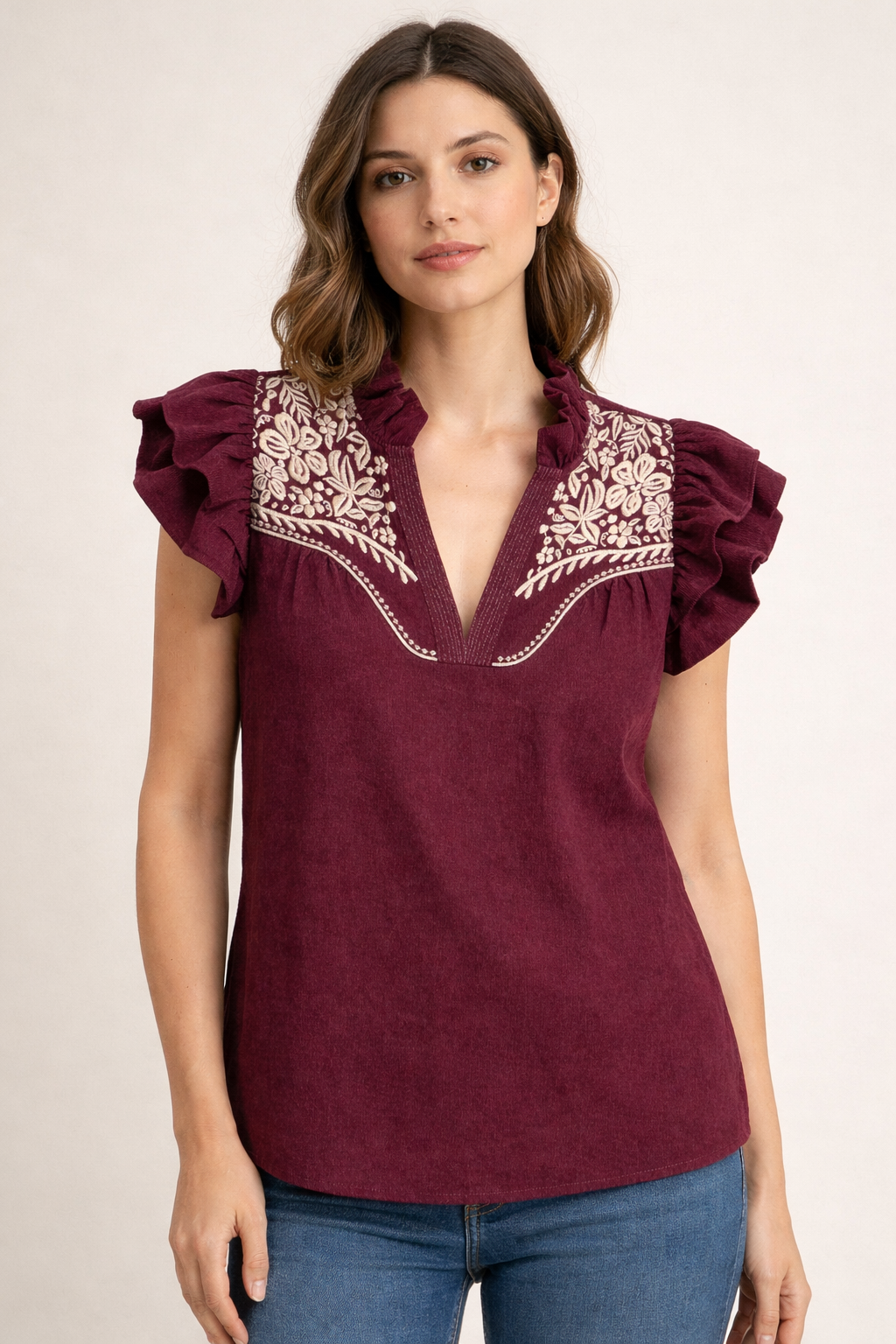 Burgundy Corduroy Embroidery Flutter Sleeve Top