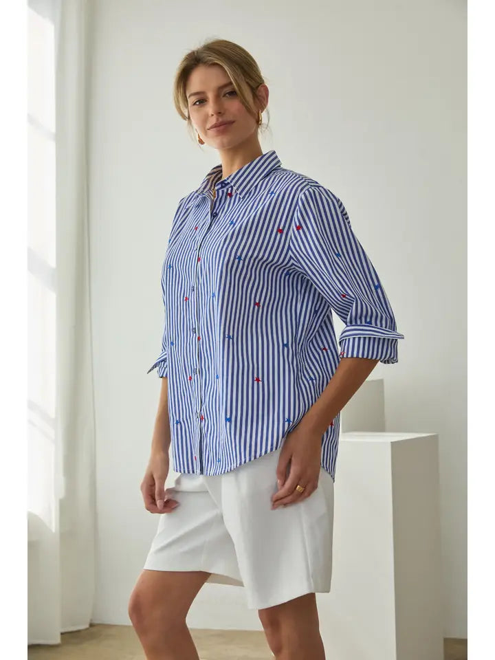 Star Embroidered Striped Button-Down Blouse