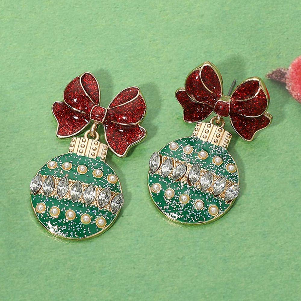 Christmas Ornament Bow Charm Drop Dangle Earrings