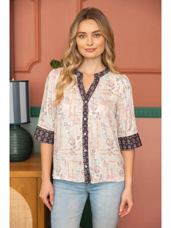 Cream Button Down V-Neck Contrast Banded Top