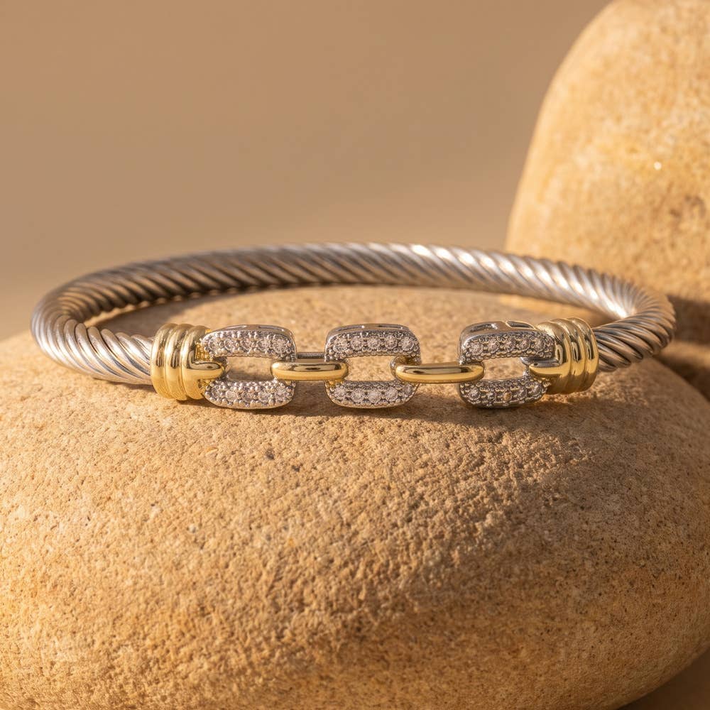 Two Tone Cable Cuff Bracelet With Cz Links