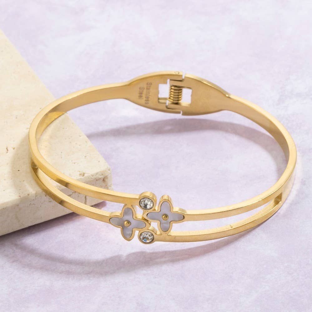 Stainless Steel Double Clover Hinged Bangle Bracelet