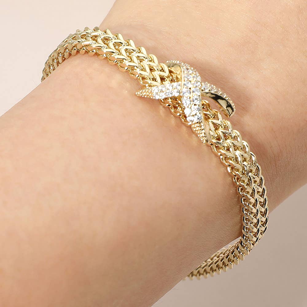 CZ Pave Crisscross Charm Accent Textured Mesh Chain Magnetic Bracelet