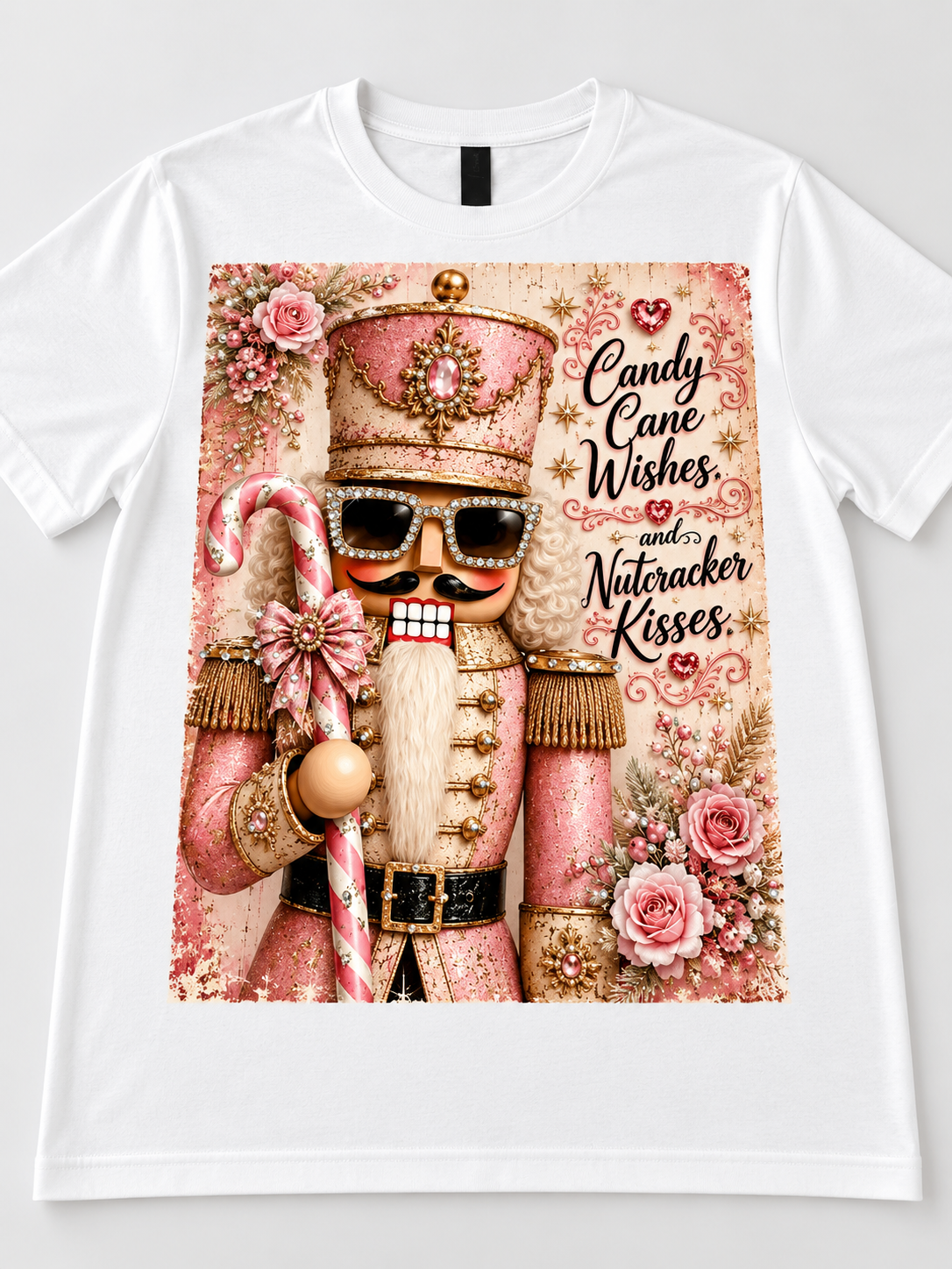 Candy Cane Wishes Pink Nutcracker Bling Tee
