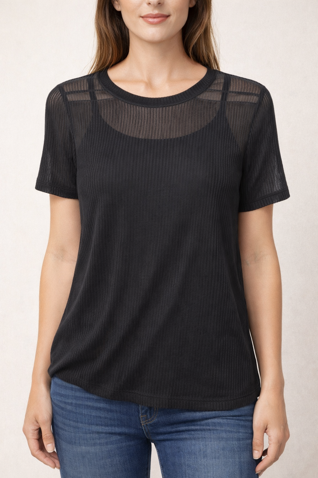 Textured Semi-Sheer Knit Top - Black