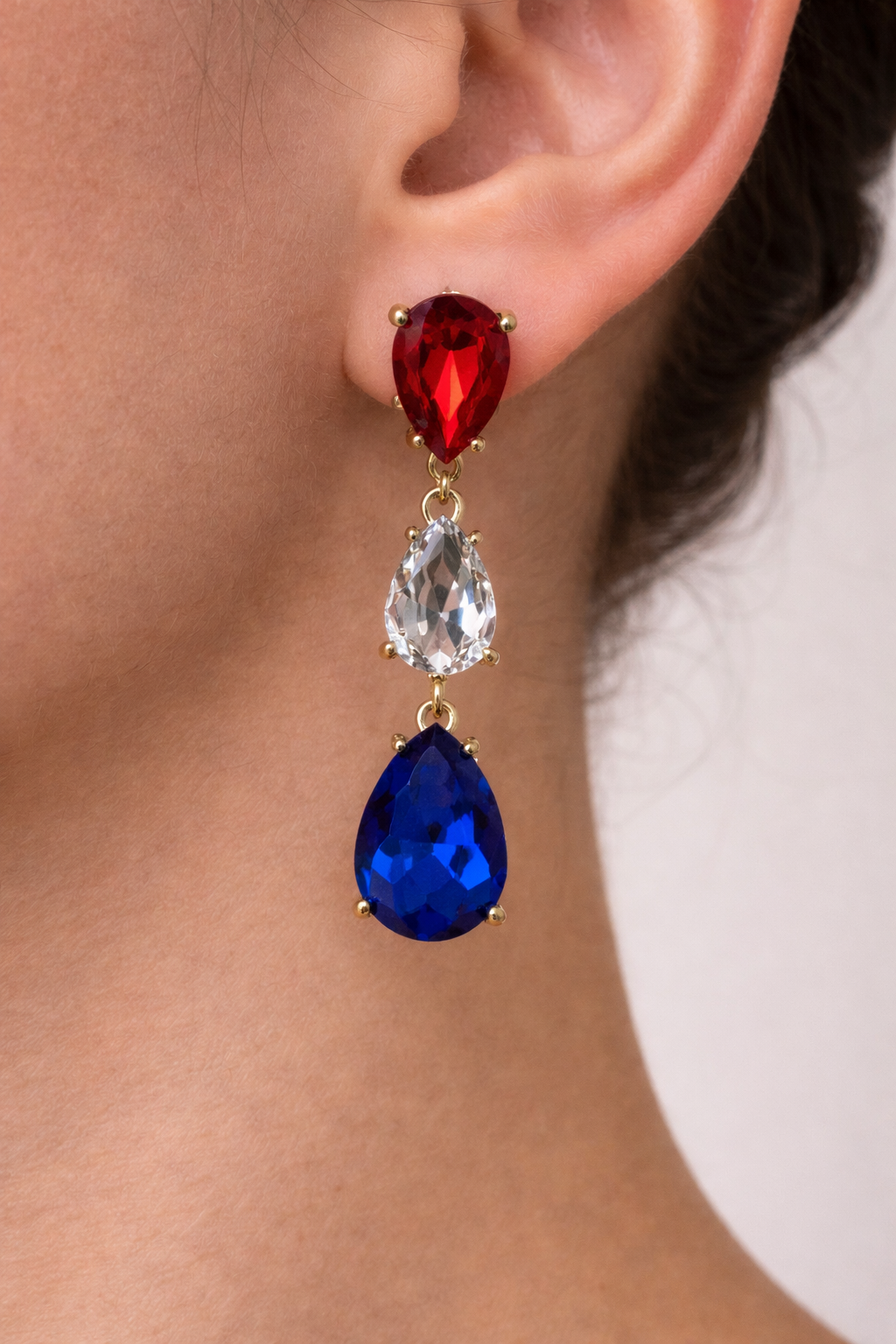 Red White Blue Crystal Teardrop Drop Earrings
