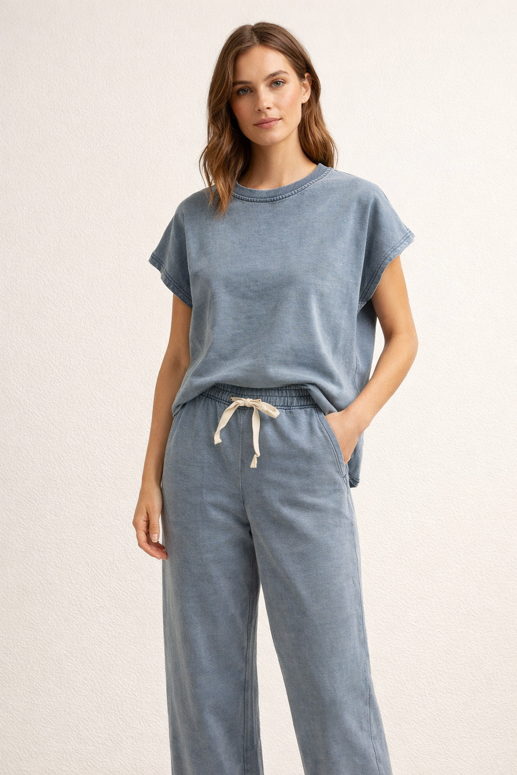 Denim Blue Dolman Top with Drawstring Pants Set