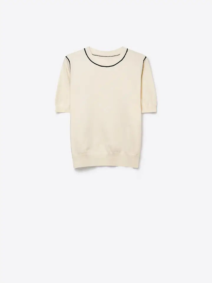 Cream Fine Knit Contrast Seam Regular Fit Short Sleeve Sweater