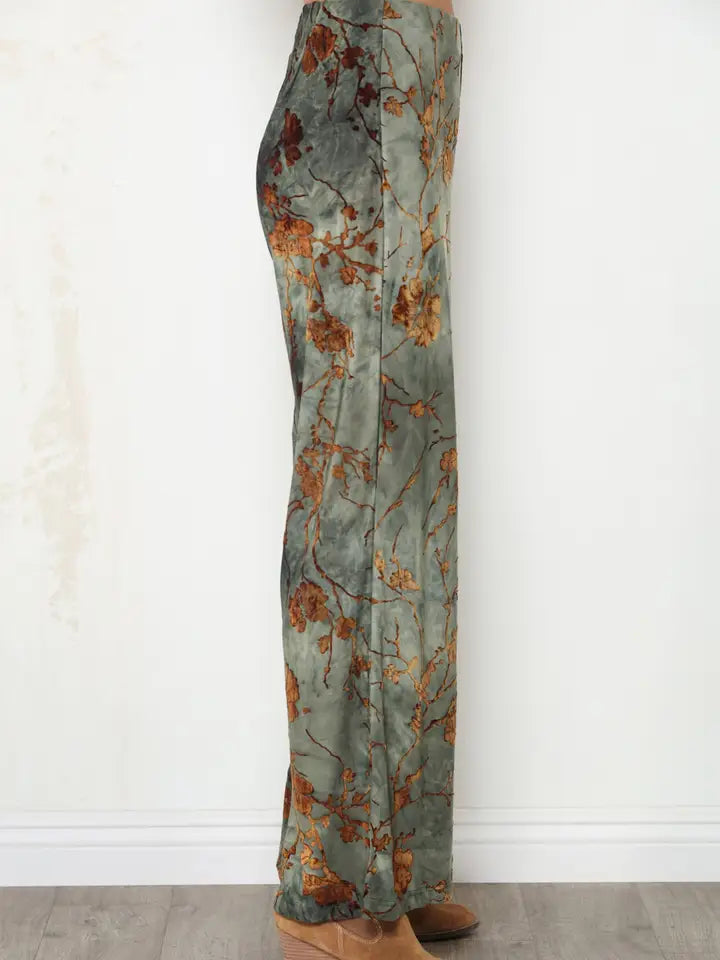 Olive Flocked Ity Wide Leg Palazzo Pant