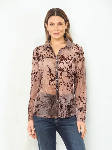 Brown Floral Flocked Button Front Top