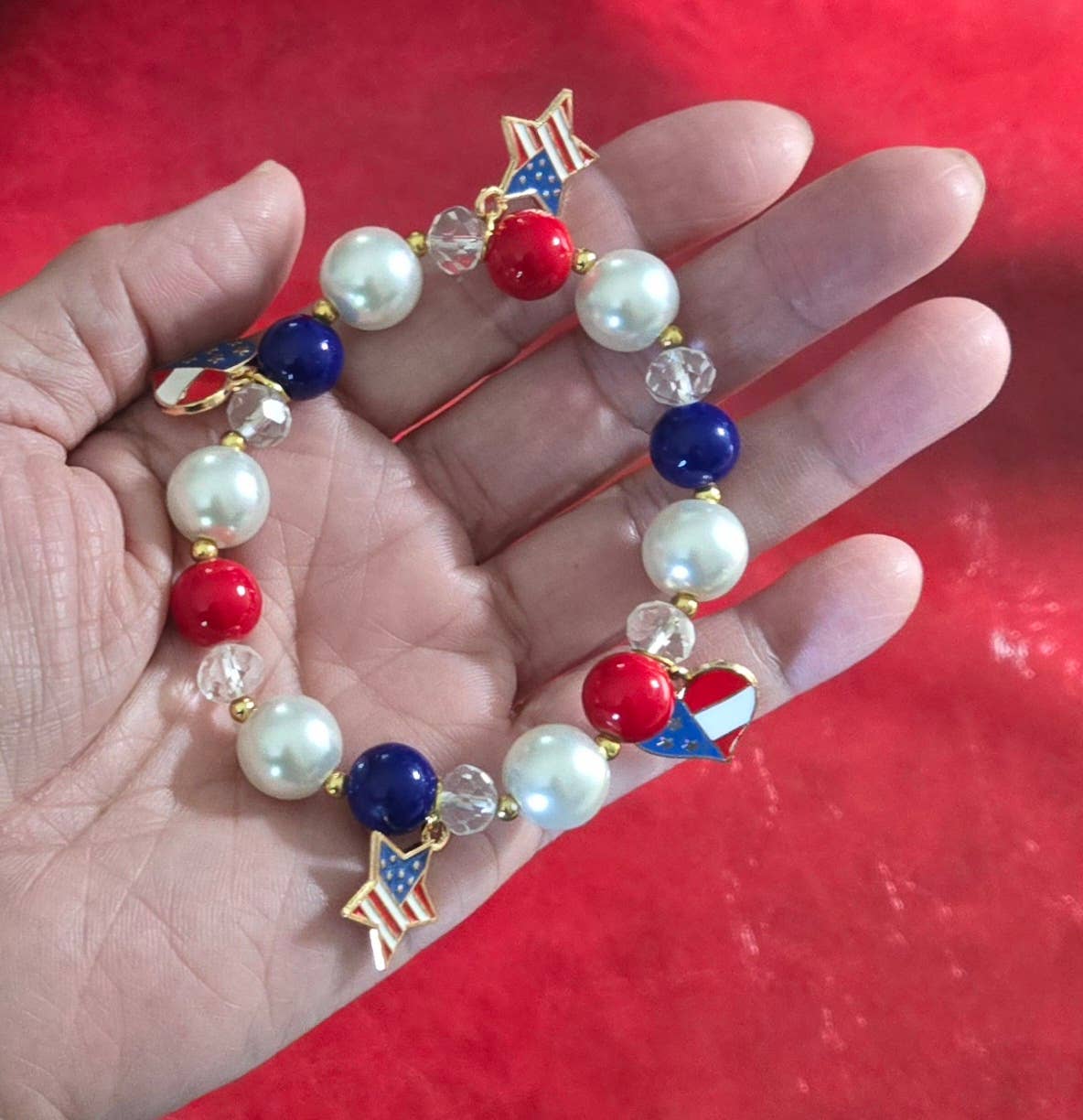 July 4th RWB Charms Beaded Stretch Bracelet