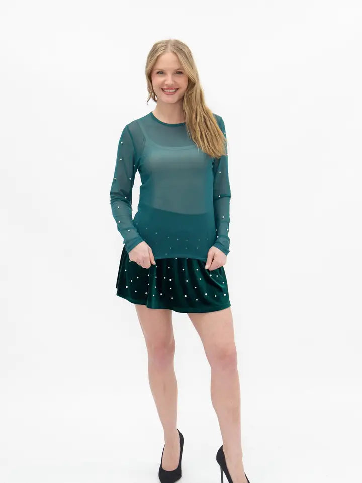 Mesh Long Sleeve Top with Pearls Detail