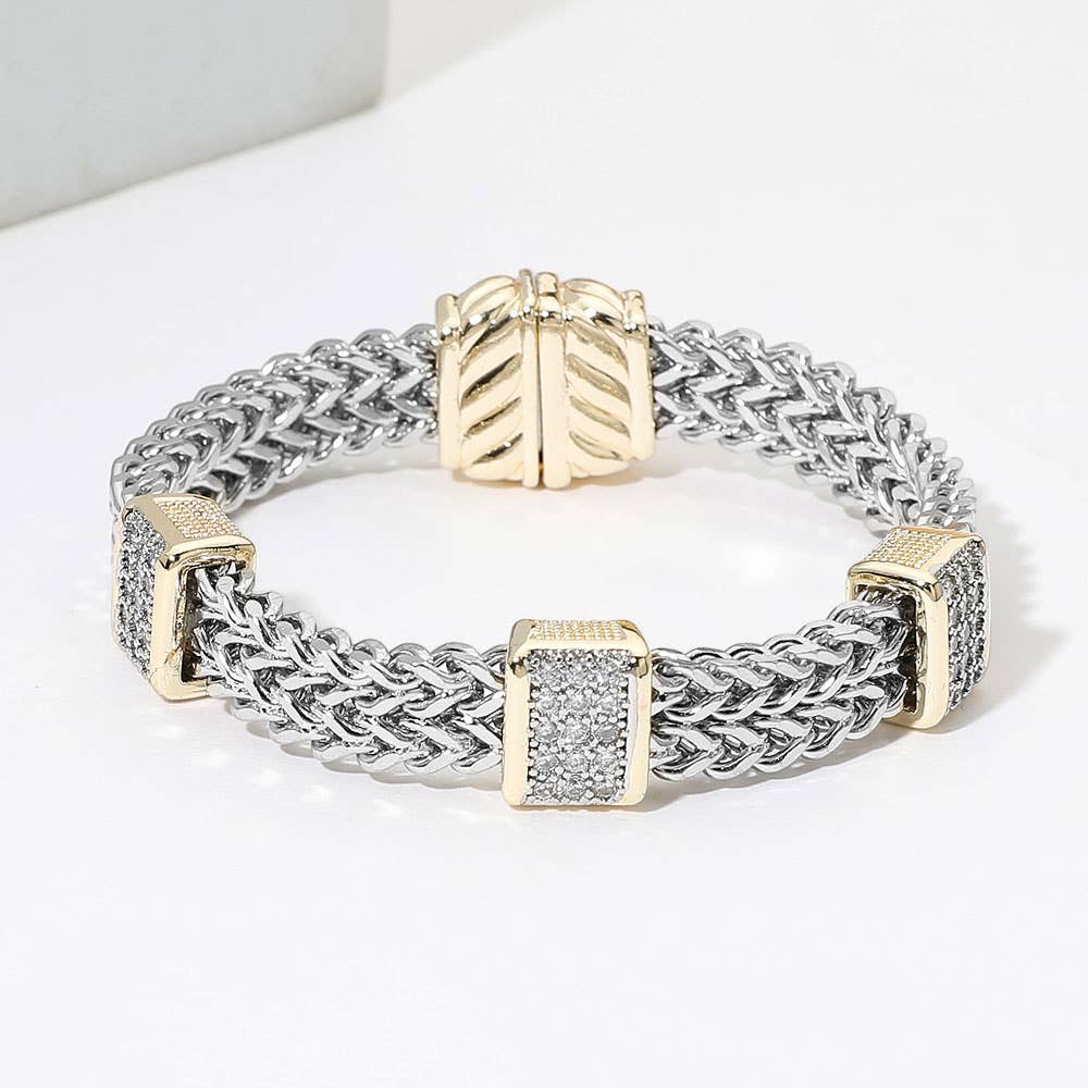 14K Gold Plated Two Tone CZ Pave Bar Accent Woven Band Magnetic Bracelet