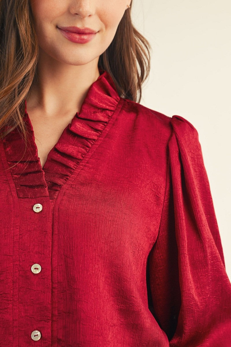 Burgundy Ruffled Neckline Button Down Metallic Blouse
