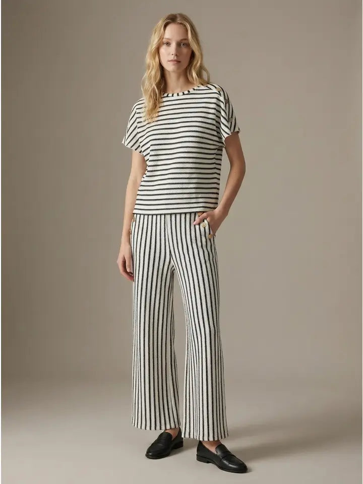 Black Striped Knit Top with Button Shoulder Detail Pants Set