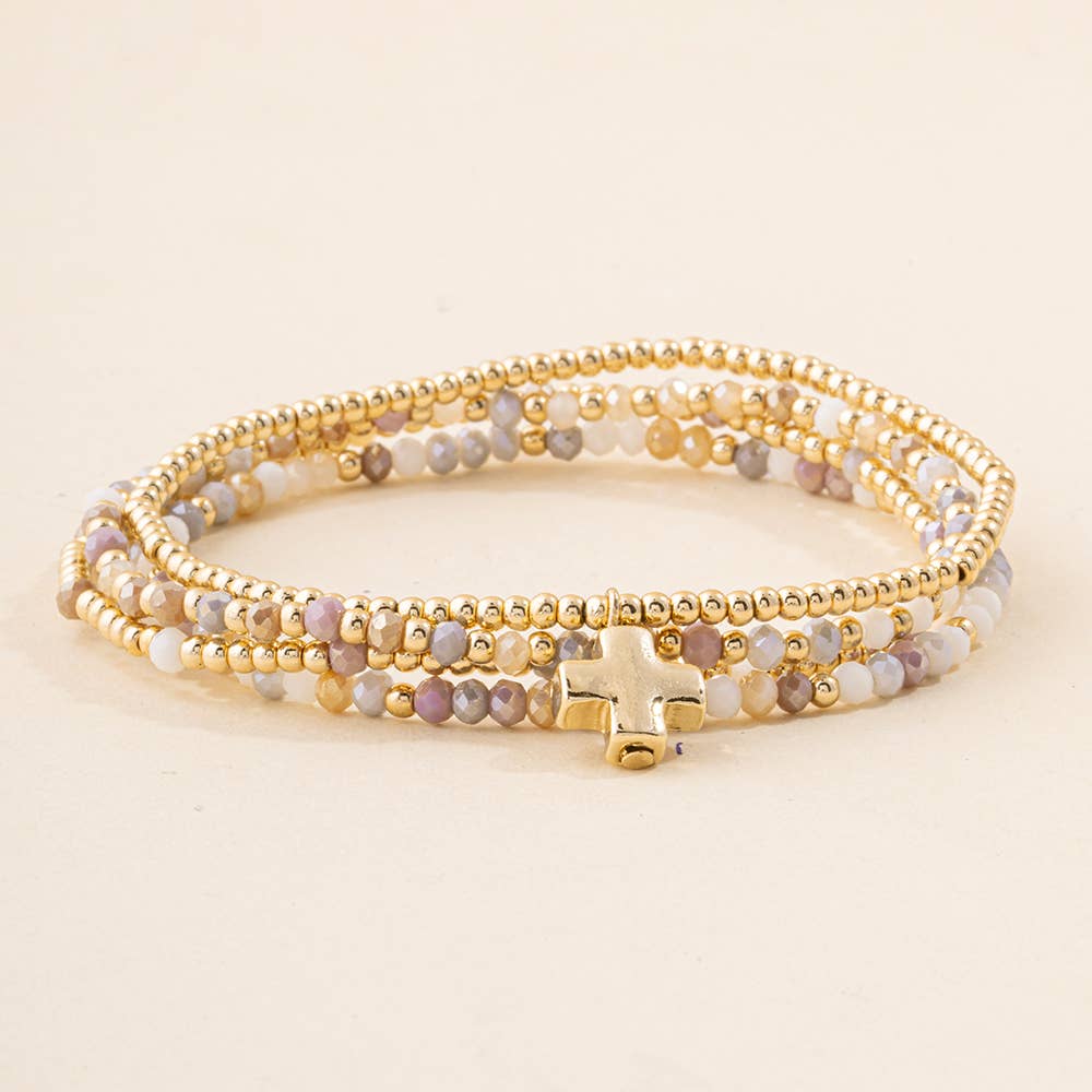Faceted Bead Cross Charm Stretch Bracelet Set