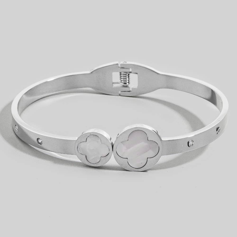 Stainless Steel Mother Of Pearl Clover Ends Hinge Bangle