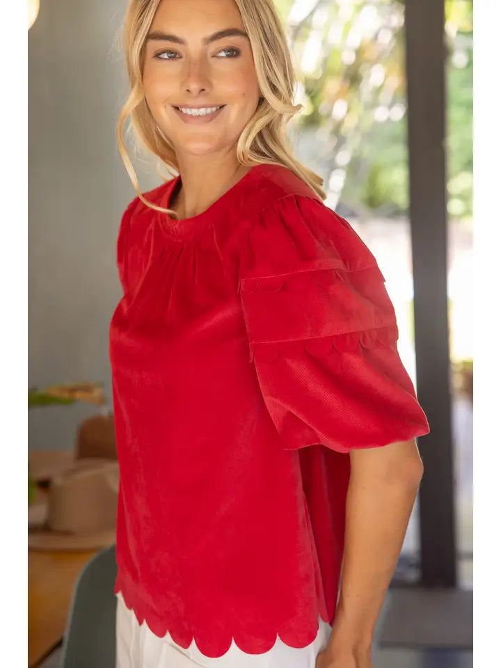 Scalloped Hemline Bubble Sleeve Solid Corduroy Top