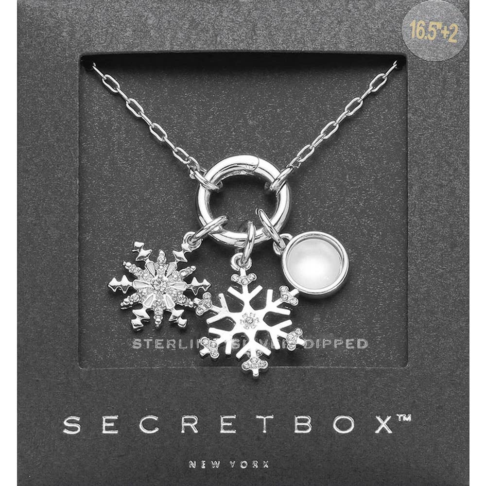 Secret Box 14K Gold Dipped Stone Paved Double Snowflake Pearl Pendant Necklace