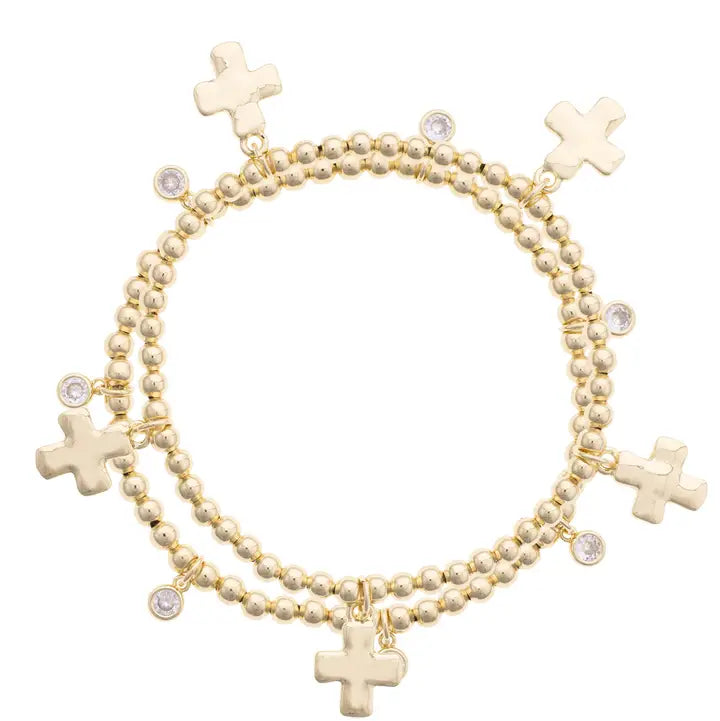 Canvas Annie Bezel Cross Ball Bead Stretch Bracelet Set of 2