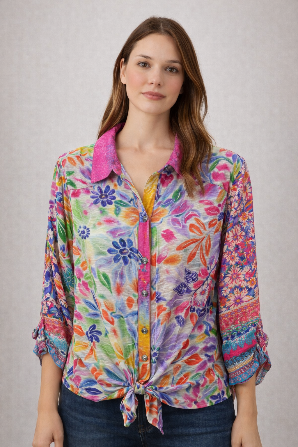 John Mark Mixed Print Tie Front Blouse
