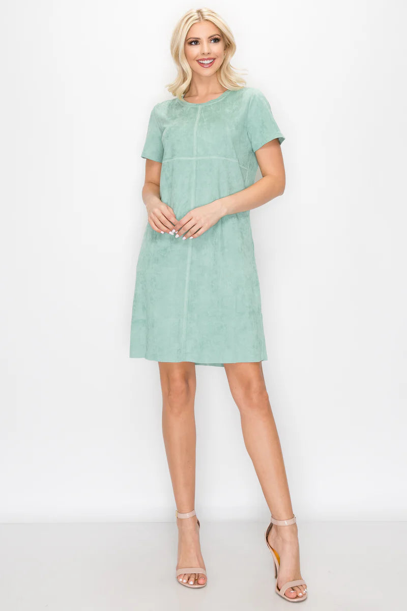 Audrey Sage Round Neck Suede Dress