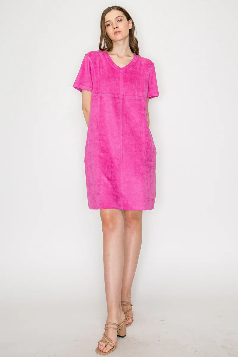 Audrey Fuschia VNeck Suede Dress