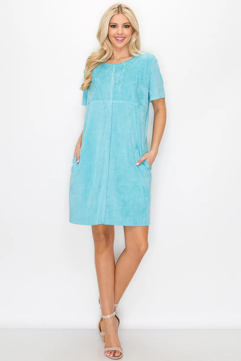 Audrey Aqua Round Neck Suede Dress