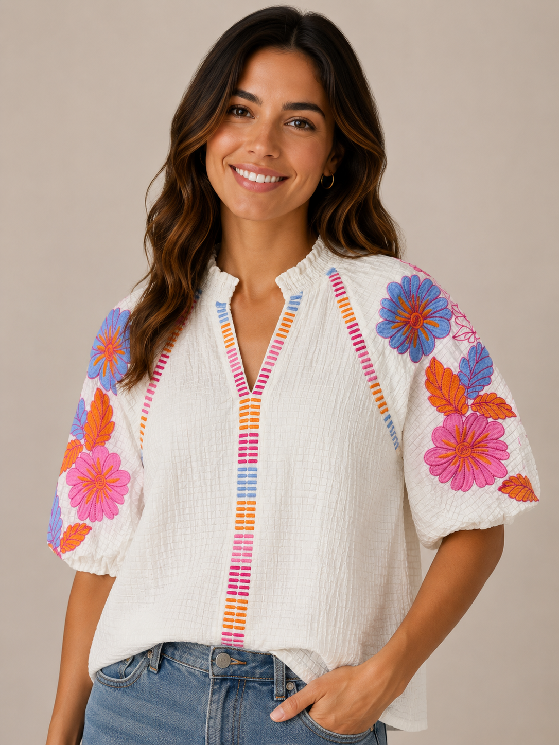 White Floral Embroidery Puff Sleeve Top