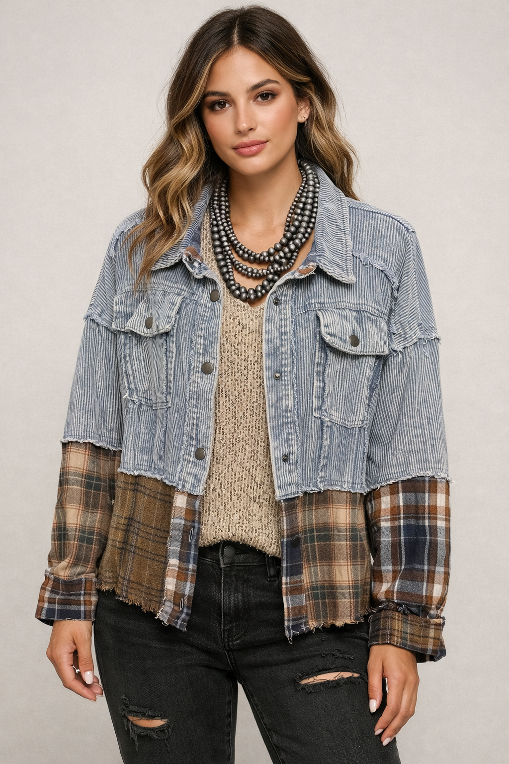 Blue Washed Denim Plaid Color Block Jacket