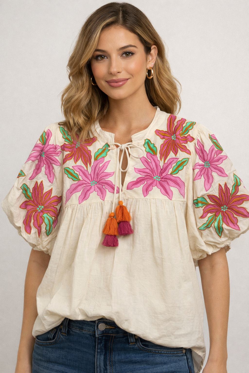Beige Embroidery Flower Tassel Top