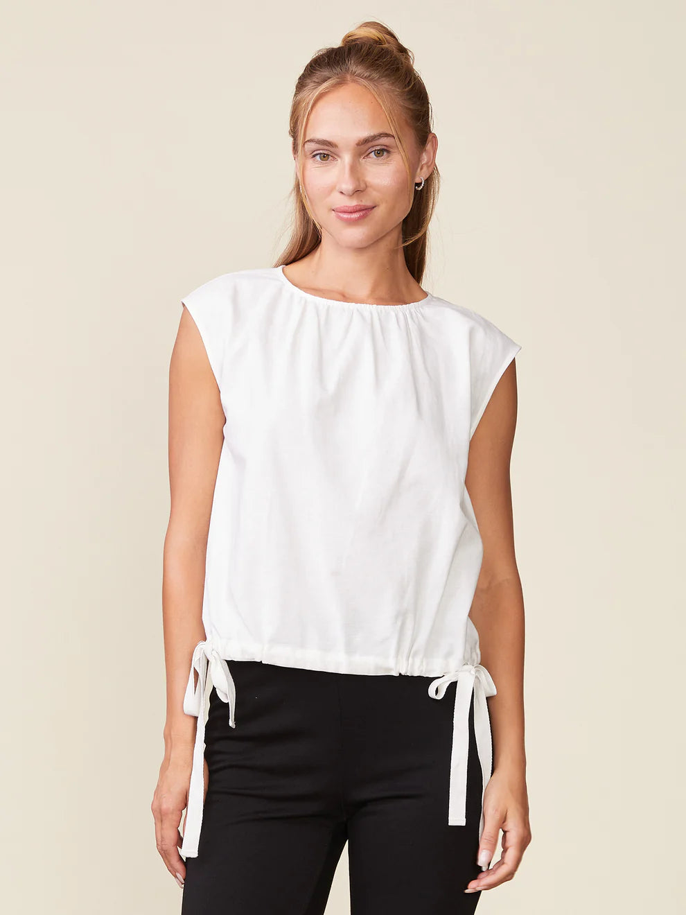 White Linen Blend Sleeveless Shirred Top with Ties