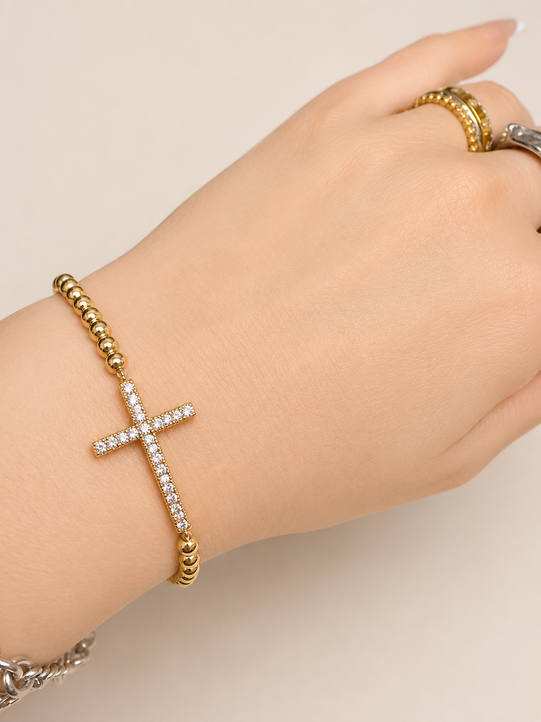 Gold Crystal Cross Beaded Stretch Bracelet