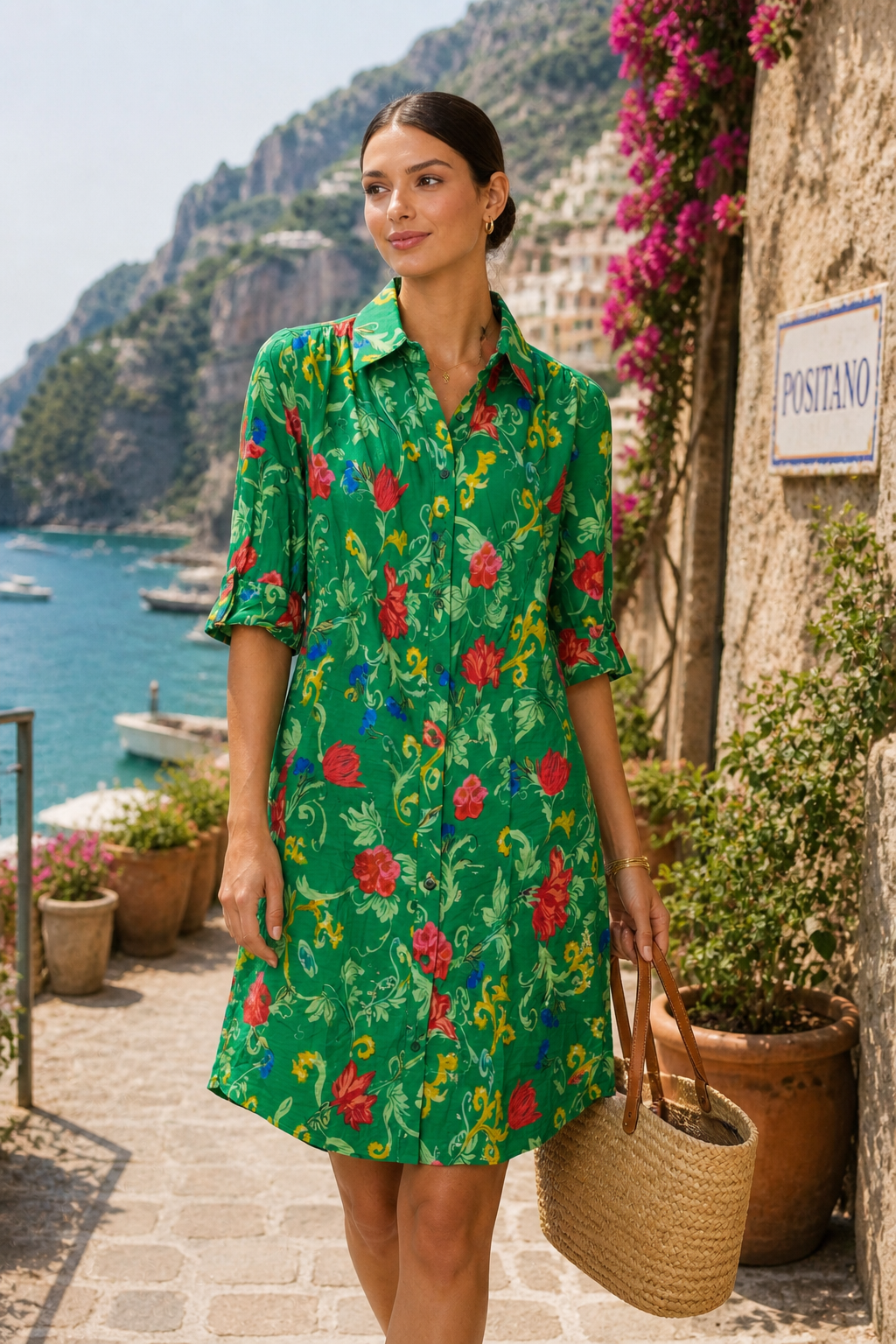 Green Floral Button Front Shirt Dress