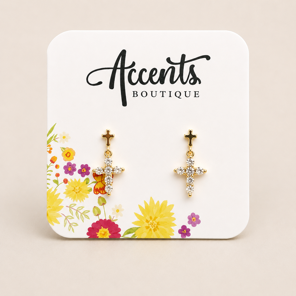 Gold Crystal Cross Post Earrings