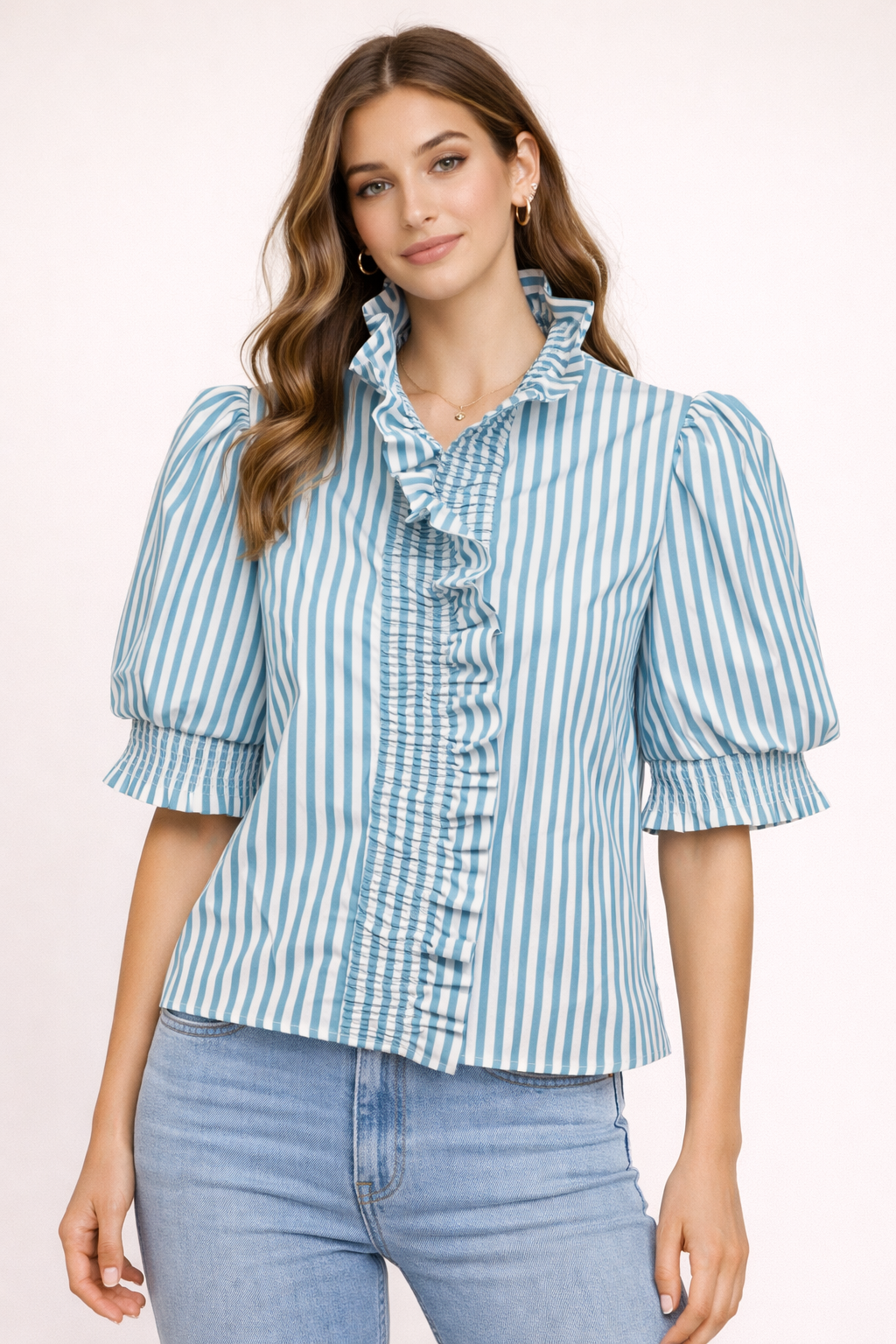 Ruffle Collar Stripe Button Down Top