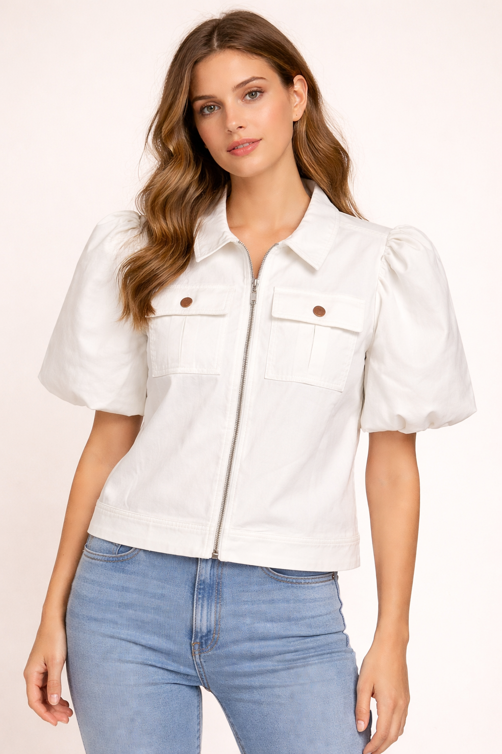 Denim Zip Front Puff Sleeve Jacket